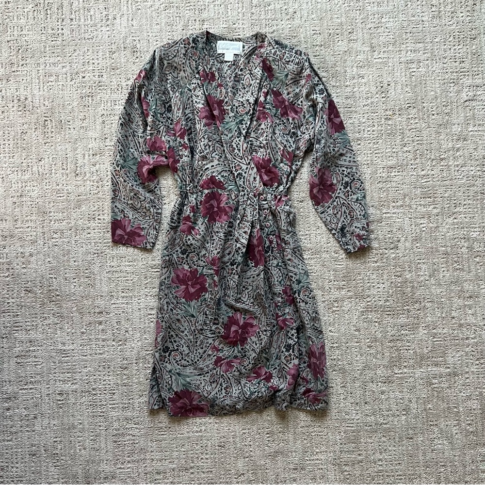 Pat Argenti Collection Silk Dress Vintage Size 14 Mid Length Long Sleeve Floral